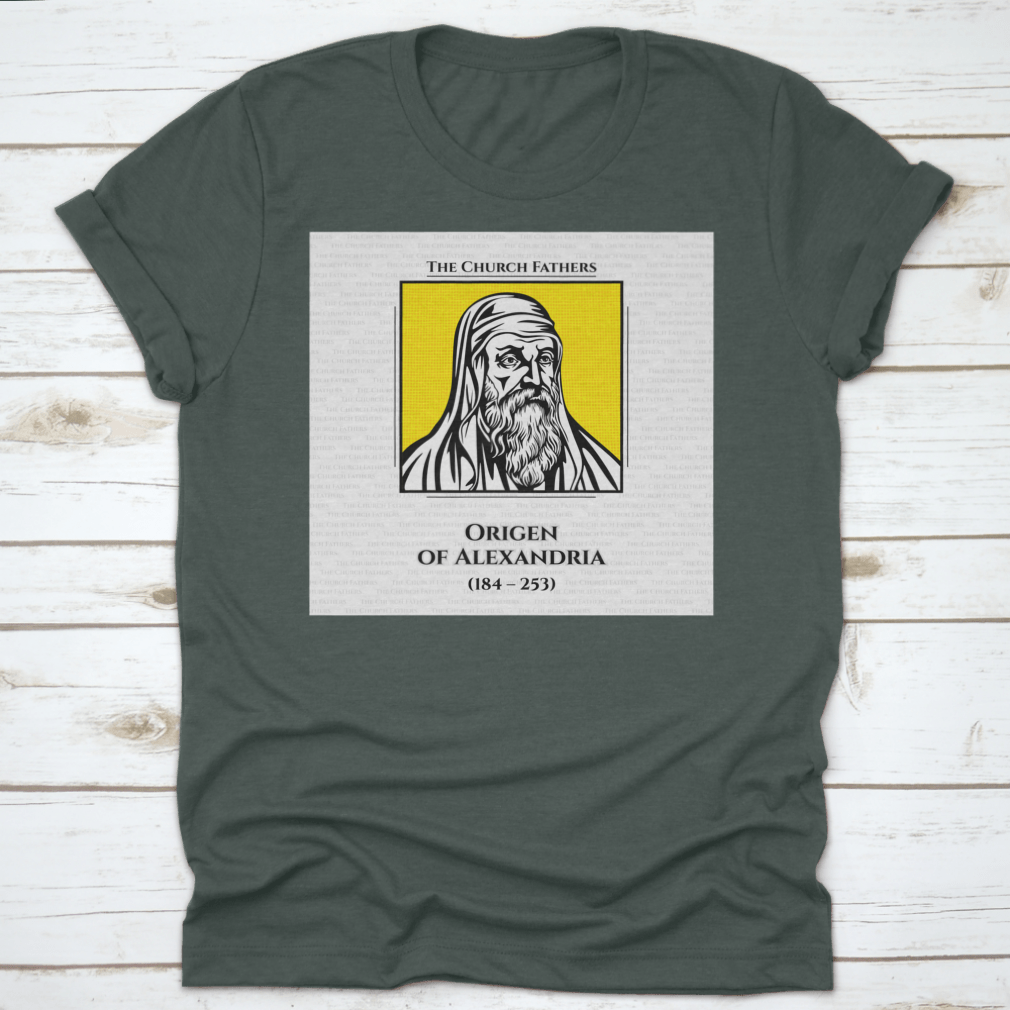 A comfortable cotton t-shirt featuring the Early Christian Scholar Origen, showcasing a classic fit and durable design.
